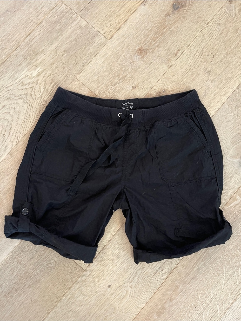 Calvin Klein Performance Womens Black Drawstring Cargo Roll Cuff Shorts Size L